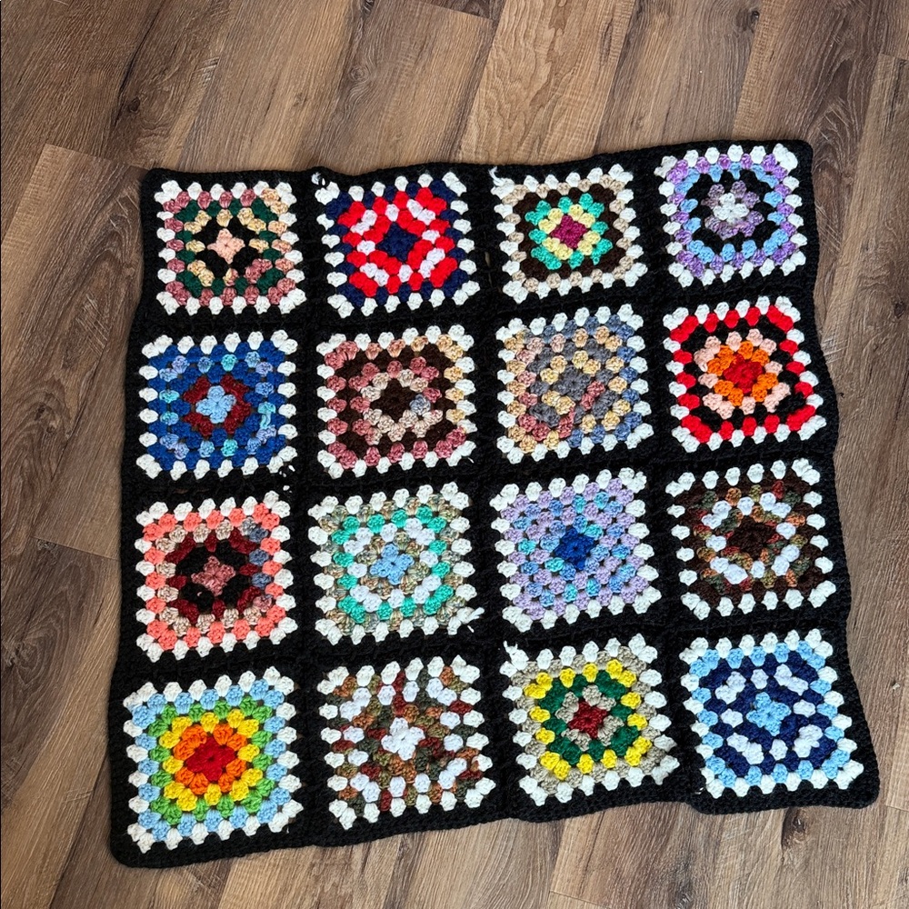 Handmade Crochet Granny Square Blanket - Multicolor on Black lap blanket small